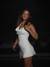 Halter cowl neck white mini dress Bandeau under bra with detail gold star fish .