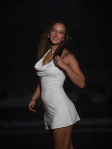Halter cowl neck white mini dress Bandeau under bra with detail gold star fish .