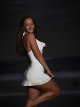 Halter cowl neck white mini dress Bandeau under bra with detail gold star fish .