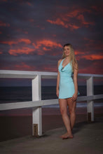 Halter Cowl Neck Aqua Blue mini dress with Bandeau under bra with detail gold star fish