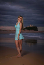 Halter Cowl Neck Aqua Blue mini dress with Bandeau under bra with detail gold star fish