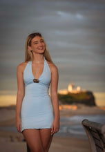 Sky blue halter mini dress with double flower buckle