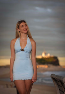 Sky blue halter mini dress with double flower buckle