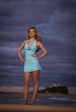 Halter Cowl Neck Aqua Blue mini dress with Bandeau under bra with detail gold star fish