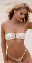 Strapless Bandeau Bikini top with middle pearl gold feature in sand cream