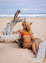 Halter neck sweetheart neckline 
With bamboo centrepiece in Sunset