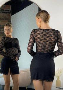 Black lace mini dress with stitched in bra