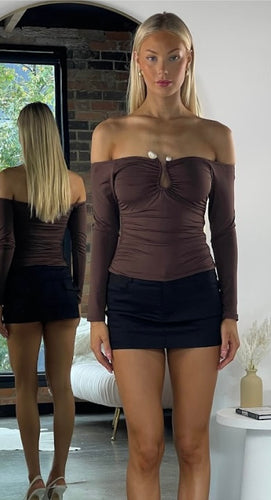 Rock top , off the shoulder with middle bone support in Brown