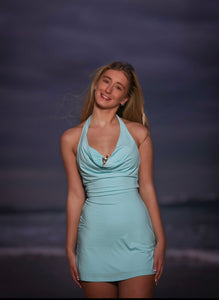 Halter Cowl Neck Aqua Blue mini dress with Bandeau under bra with detail gold star fish