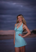 Halter Cowl Neck Aqua Blue mini dress with Bandeau under bra with detail gold star fish