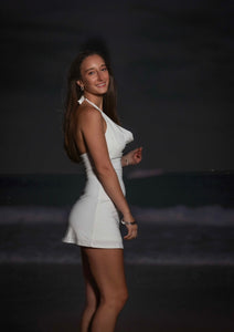 Halter cowl neck white mini dress Bandeau under bra with detail gold star fish .
