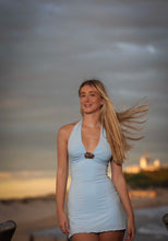 Sky blue halter mini dress with double flower buckle