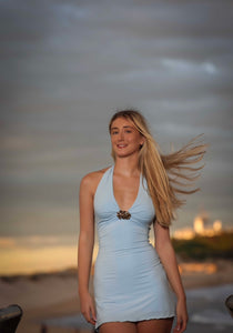 Sky blue halter mini dress with double flower buckle