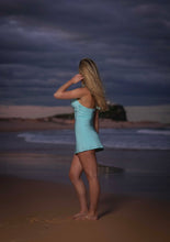 Halter Cowl Neck Aqua Blue mini dress with Bandeau under bra with detail gold star fish