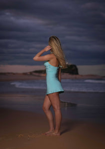 Halter Cowl Neck Aqua Blue mini dress with Bandeau under bra with detail gold star fish