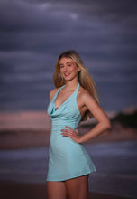 Halter Cowl Neck Aqua Blue mini dress with Bandeau under bra with detail gold star fish