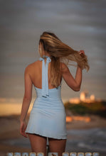 Sky blue halter mini dress with double flower buckle