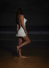 Halter cowl neck white mini dress Bandeau under bra with detail gold star fish .