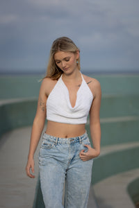 Hand-made crochet backless cowl neck top in white .