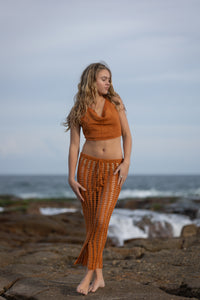 Cowl neckline backless crop crochet top in terracotta