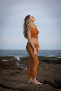Cowl neckline backless crop crochet top in terracotta