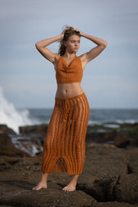 Long crochet tie front skirt in terracotta ￼