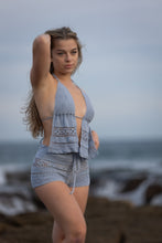 Crochet halter neck backless top in blue