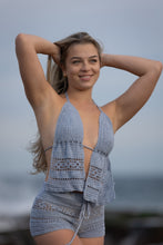 Crochet halter neck backless top in blue