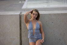 Crochet halter neck backless top in blue