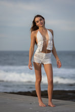 Hand-made Halter-neck backless top in white crochet
