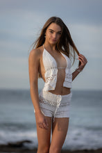 Hand-made Halter-neck backless top in white crochet