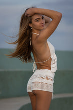Hand-made Halter-neck backless top in white crochet