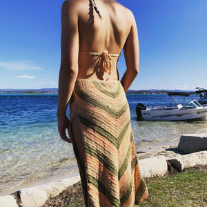 100% cotton hand made crochet knit dress - earth :peach , khaki , cream