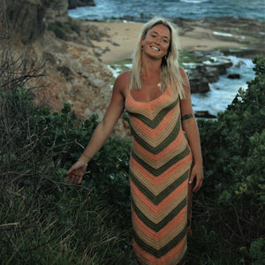 100% cotton hand made crochet knit dress - earth :peach , khaki , cream