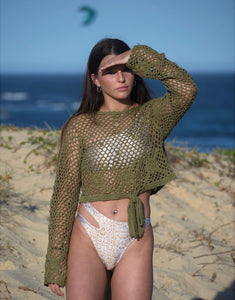 Hand made crochet crop jumper in Khaki